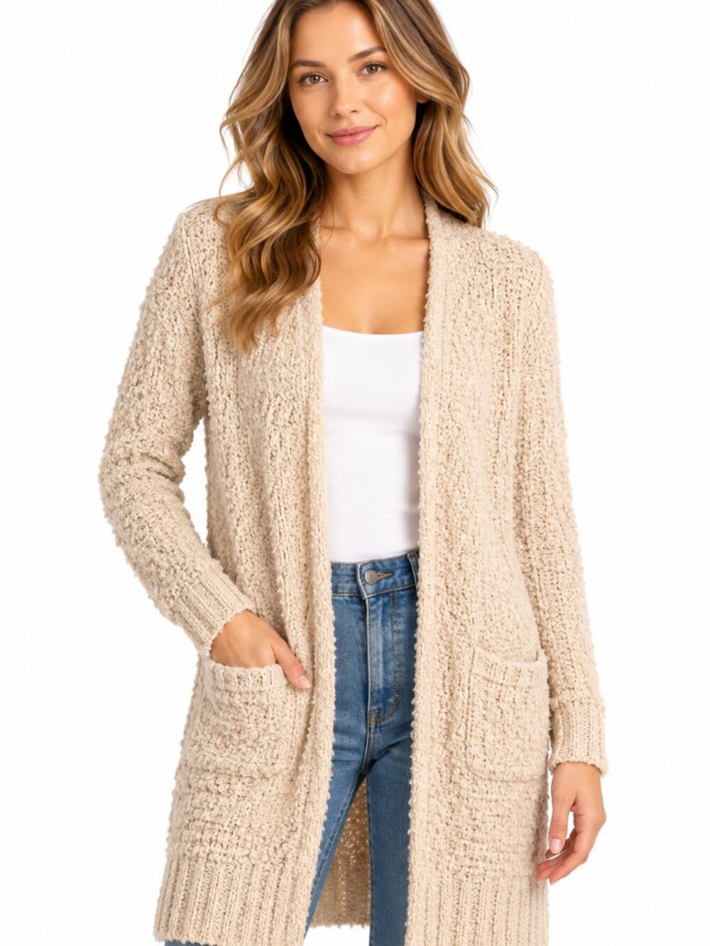 Massimo Dutti Made in Italy Textured Long Cardigan Beige Women’s